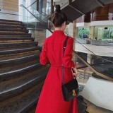法式红色长袖衬衫连衣裙春秋女装2025新款气质别致收腰时尚长裙冬，女装连衣裙，浙宝123