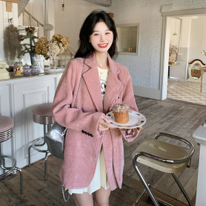 粉色灯芯绒西装外套女2025春秋新款韩版高级感宽松休闲百搭小西服图片