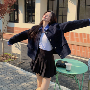 短款毛呢设计感春季外套短外套拼接提花复古女小香风春秋小个子图片