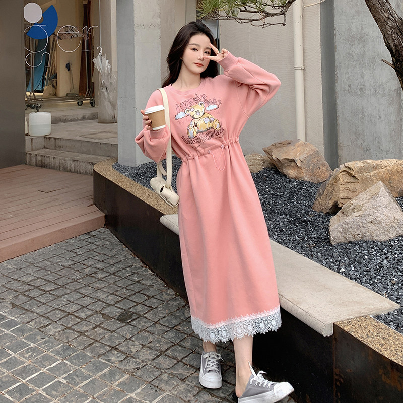 有！2023春季灰色小熊印花蕾丝边卫衣裙123-2389-P120-K178,女装连衣裙,浙宝123