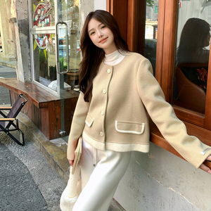 现货！2025冬季新款针织拼接双面呢羊绒大衣女123-7761-P215-K318图片