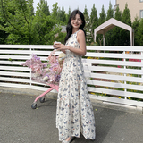 露肩休闲印花挂脖连衣裙女2025夏季新款时尚宽松温柔风沙滩吊带裙，女装连衣裙，浙宝123