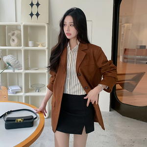 新款！2025春季咖色牛皮绒小西装外套女123-2501-P155-K218图片