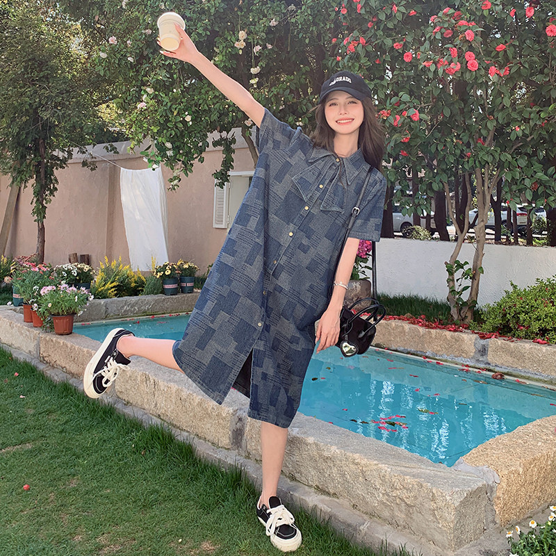 宽松格子夏季连衣裙女2025新款港风复古直筒蝴蝶结减龄牛仔衬衫裙,女装连衣裙,浙宝123