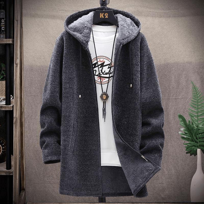 中长款加绒加厚款连帽毛线衣男士休闲外套潮流保暖秋冬季针织开衫