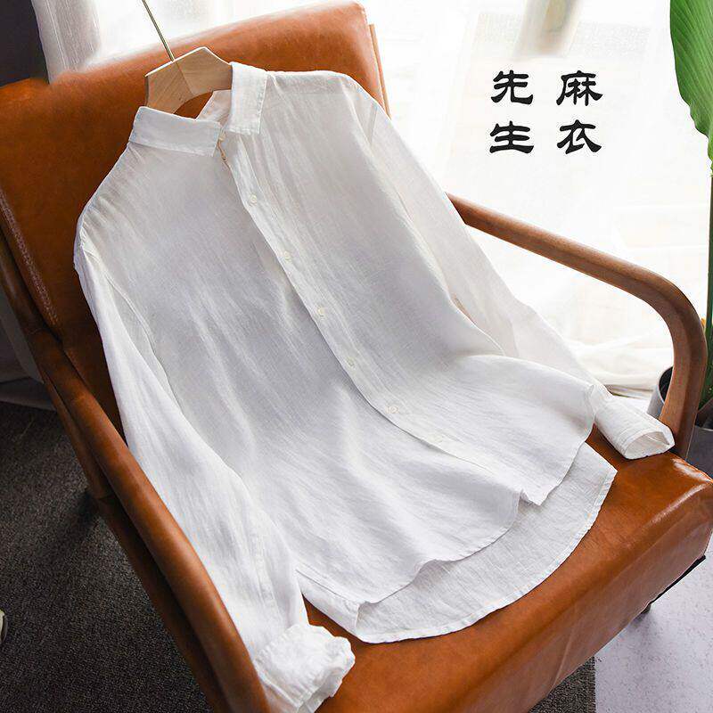 100%亚麻衬衫男长袖宽松休闲棉麻衬衣男纯麻料寸衫纯色上衣男翻领