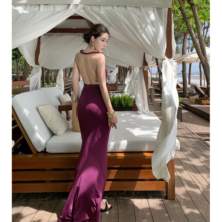 女人味麻花编制挂脖大露背连衣裙海岛度假风显身材抹胸包臀长裙