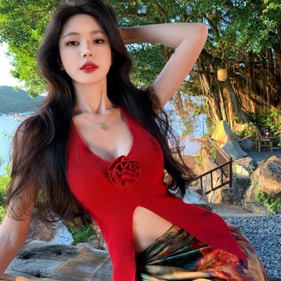 海边度假风辣妹立体花朵套装裙子