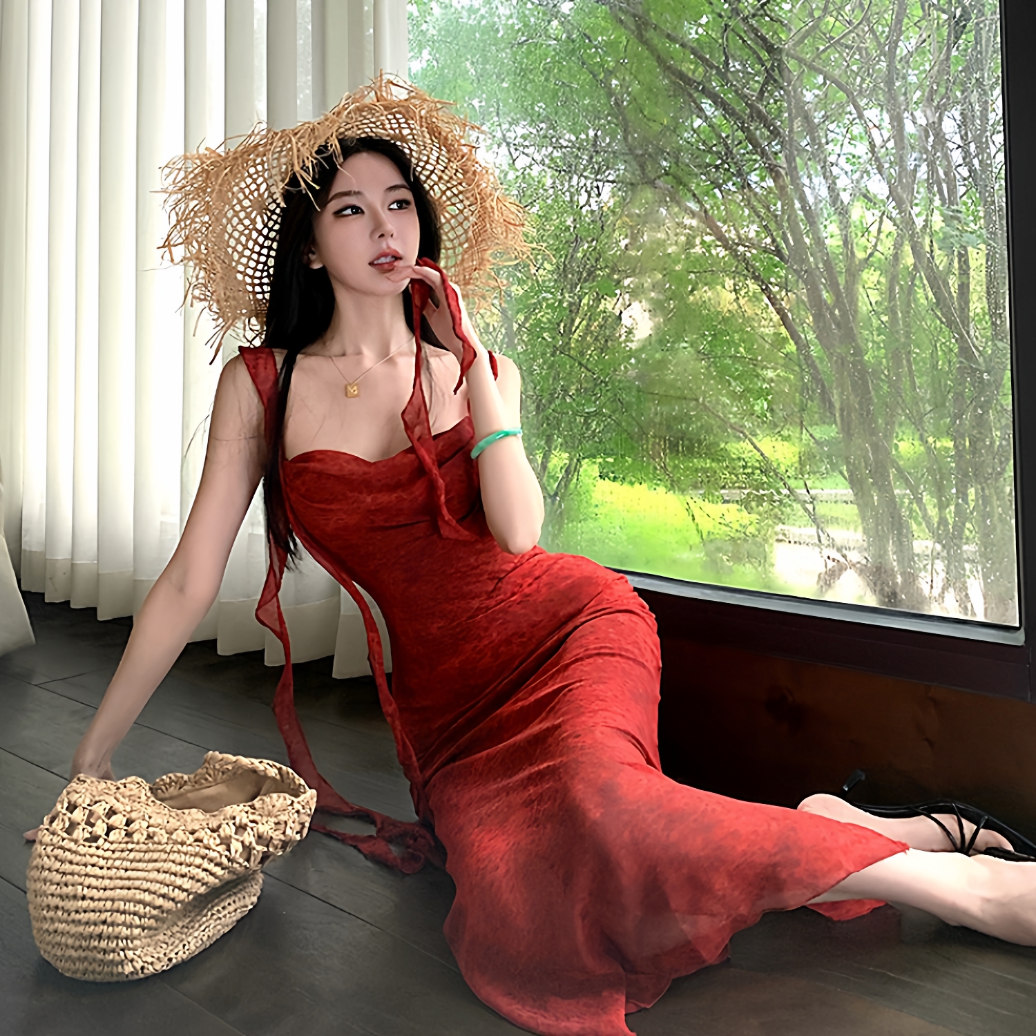 夏日旅游出片红色印花飘带度假裙