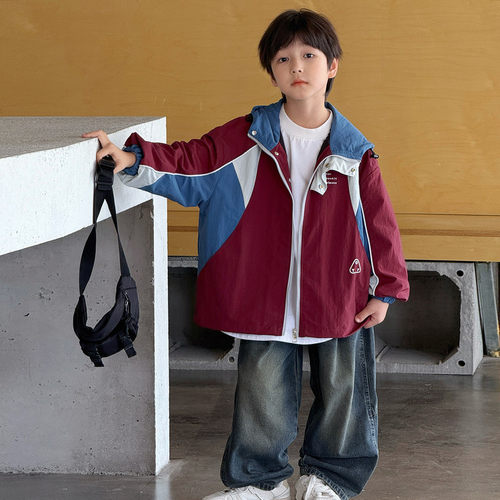 男童春秋外套2026新款中大童秋装宽松男孩春秋款儿童拼接连帽帅气