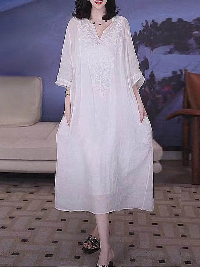 素订原创品牌女装旗舰店新款苎麻连衣裙宽松v领通勤白色刺绣中裙