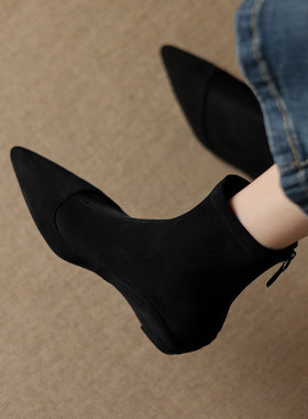 Seenlt-小众设计内坡跟短靴女2025年新款方头后拉链绒面及踝靴弹