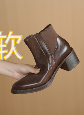 Seenlt-真皮短靴女春秋单靴2025新款冬季加绒妈妈鞋软皮粗跟马丁