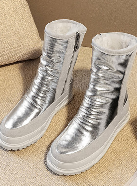 雪地靴女皮毛一体加绒加厚大棉面包鞋银色防水防滑保暖短靴4143码