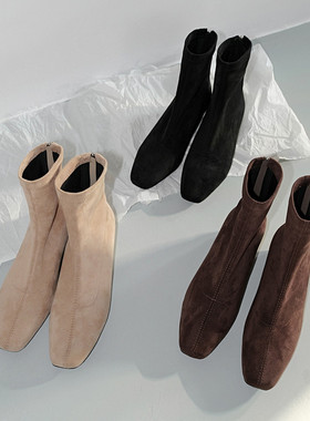 Seenlt-粗跟短靴女2025新款秋冬百搭矮跟显脚小方头瘦瘦靴绒面套