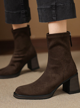 Seenlt-成都手工高跟鞋子女短靴女春秋单靴简约瘦瘦靴粗跟袜靴方