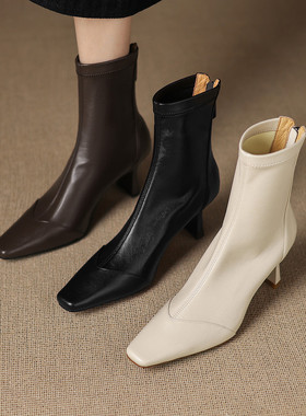 Seenlt-2025秋新款复古风方头粗跟弹力袜靴女百搭设计感高跟短靴