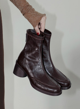 Seenlt-法式高级极简短靴2025秋冬真皮单靴粗跟黑色高跟马丁靴切