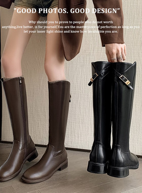 Seenlt-大小筒围法式真皮粗跟圆头骑士靴显腿直加绒侧拉链皮带扣