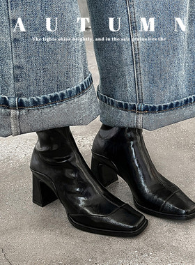 Seenlt-羊皮版～韩版高跟方头瘦瘦靴短靴女粗跟复古马丁靴英伦风