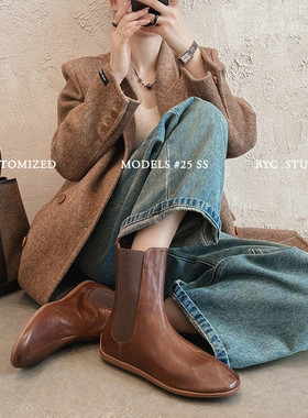 Seenlt-简约法式复古设计感显瘦平底切尔西靴单鞋2025秋冬新款粗