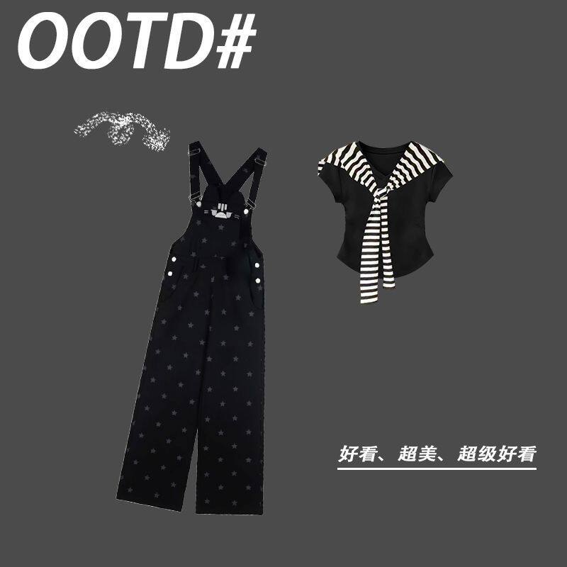 快手网红同款短袖T恤搭配黑色星星高腰背带裤子套装女夏季童装潮
