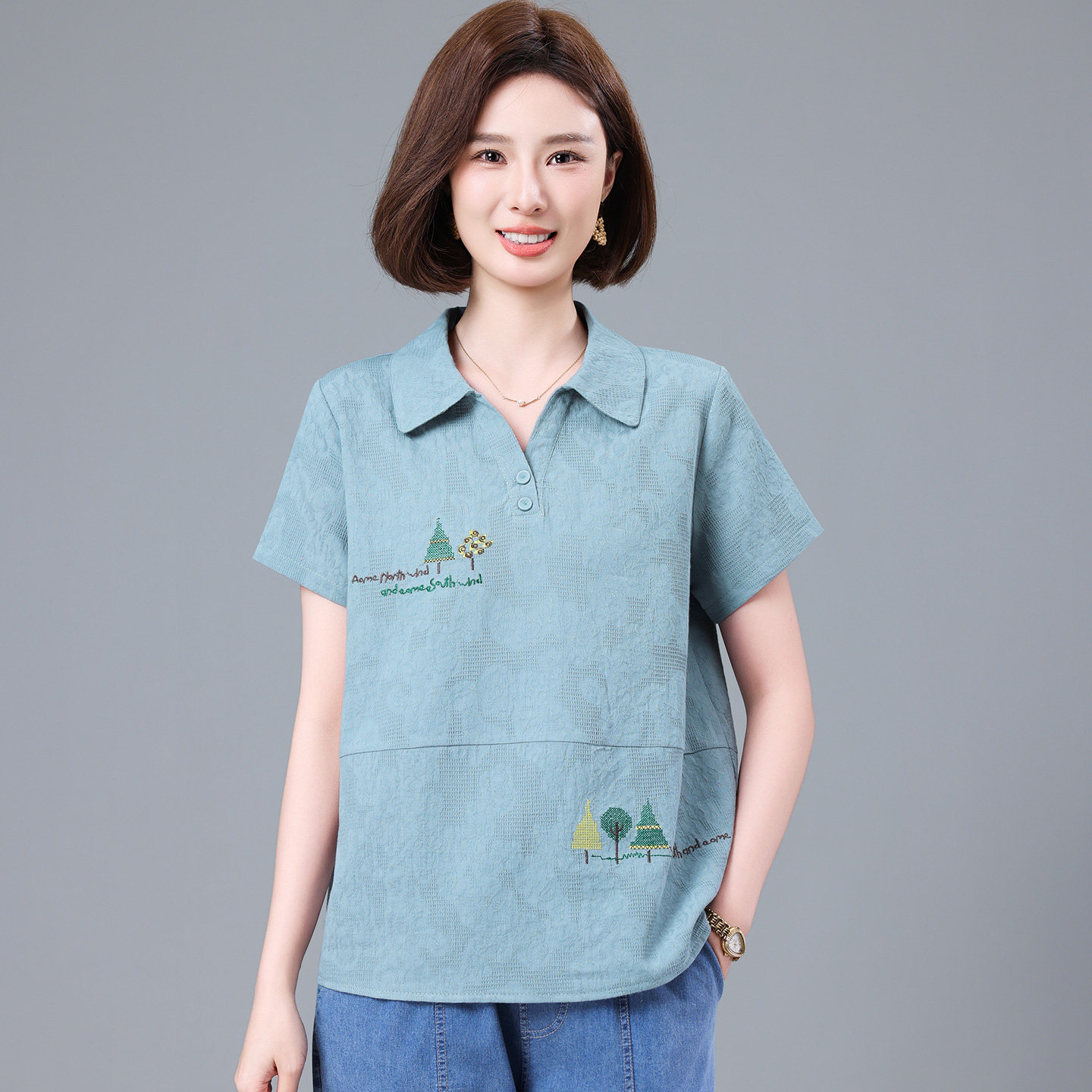 纯棉短袖t恤女宽松2026夏季新款中年妈妈气质带领子上衣polo小衫