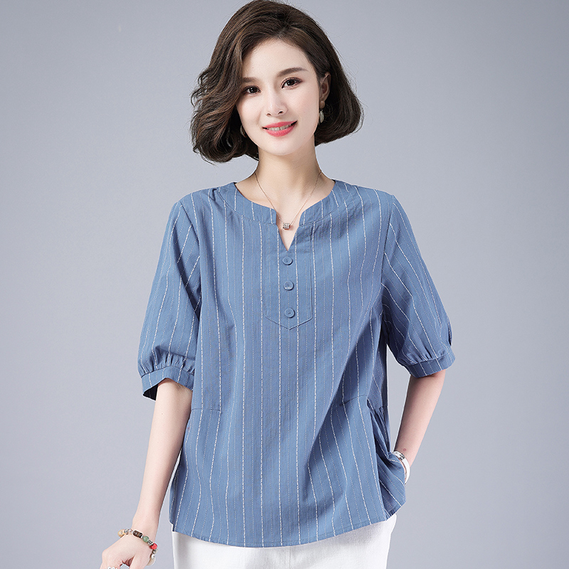 短袖t恤女宽松2025年夏季新款中年妈妈条纹显瘦上衣休闲大码夏装