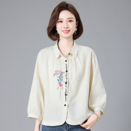 纯棉衬衫女宽松2026春夏新款中年妈妈宽松洋气绣花九分袖减龄衬衣