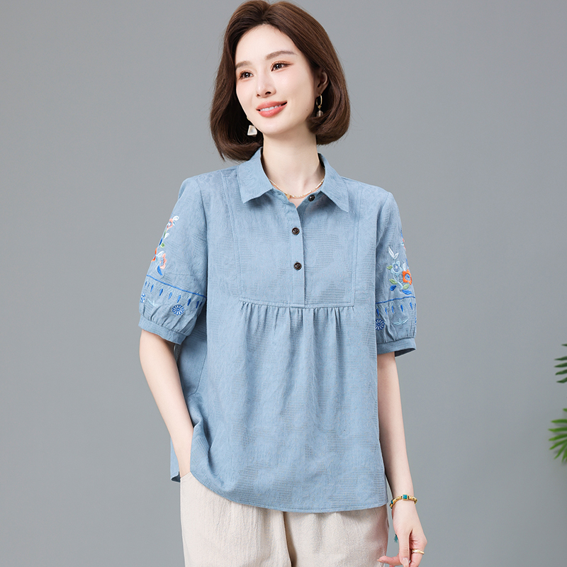 纯棉短袖t恤女宽松全棉2025夏季新款中年妈妈夏装休闲带领子上衣