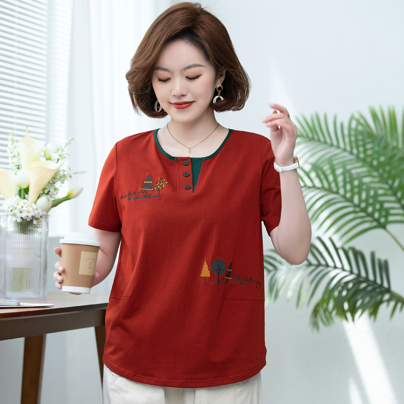 妈妈短袖t恤女宽松纯棉2025夏装新款时尚减龄中老年洋气大码上衣