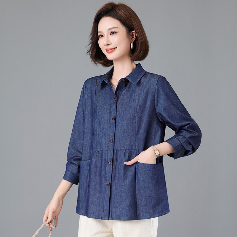 长袖牛仔衬衫女宽松中老年妈妈装