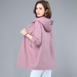 风衣女中长款宽松纯棉2025春秋新款中年妈妈胖mm休闲大码连帽外套