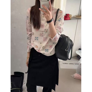 微透防晒上衣早春穿搭印花雪纺衫 潮 女长袖 韩系气质碎花网纱打底衫