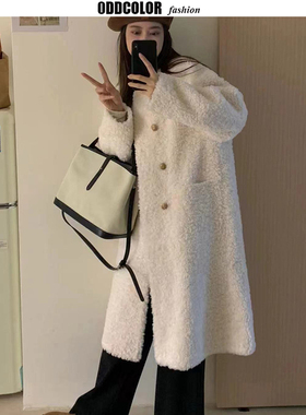 韩系chic皮毛一体羊剪绒毛呢外套女2025冬宽松慵懒颗粒绒长款大衣