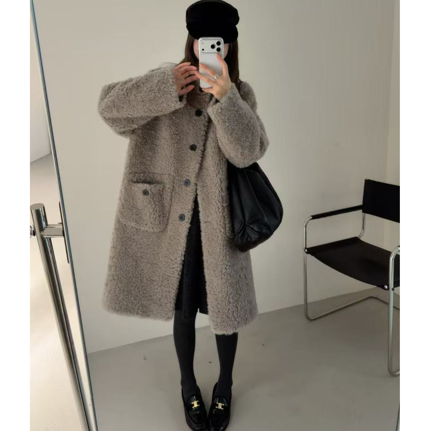 韩系立领单排扣羊毛皮毛一体外套