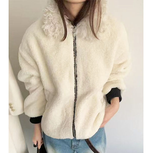 韩系日系羊羔毛撞色羽绒毛呢外套