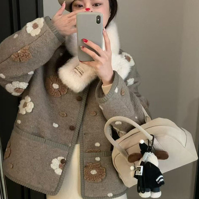 韩系提花毛呢复古羽绒毛呢外套