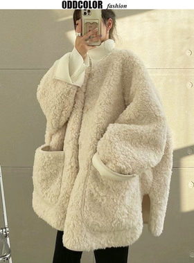 韩系chic加厚羊羔毛皮毛一体贴标外套女2025冬宽松慵懒颗粒绒大衣