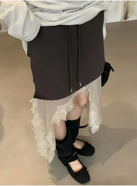 韩系设计感蕾丝拼接半身裙女高腰包臀短裙小众灰色针织不规则裙潮