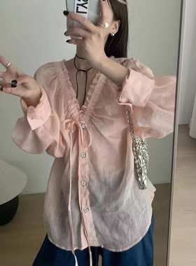 韩系V领单排扣甜美风苎麻衬衫小众慵懒风系带木耳边宽松防晒衬衣