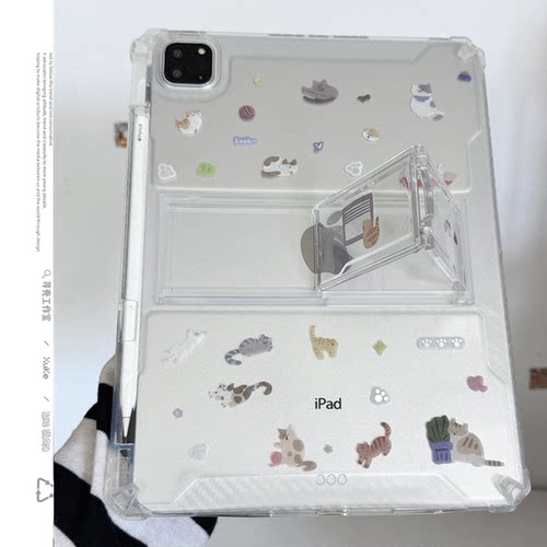 喵星趣味天地适用苹果三星华为小米2025ipadpro保护套支架平板Air3468壳硬带笔槽第十代12.9寸matepad透明女9