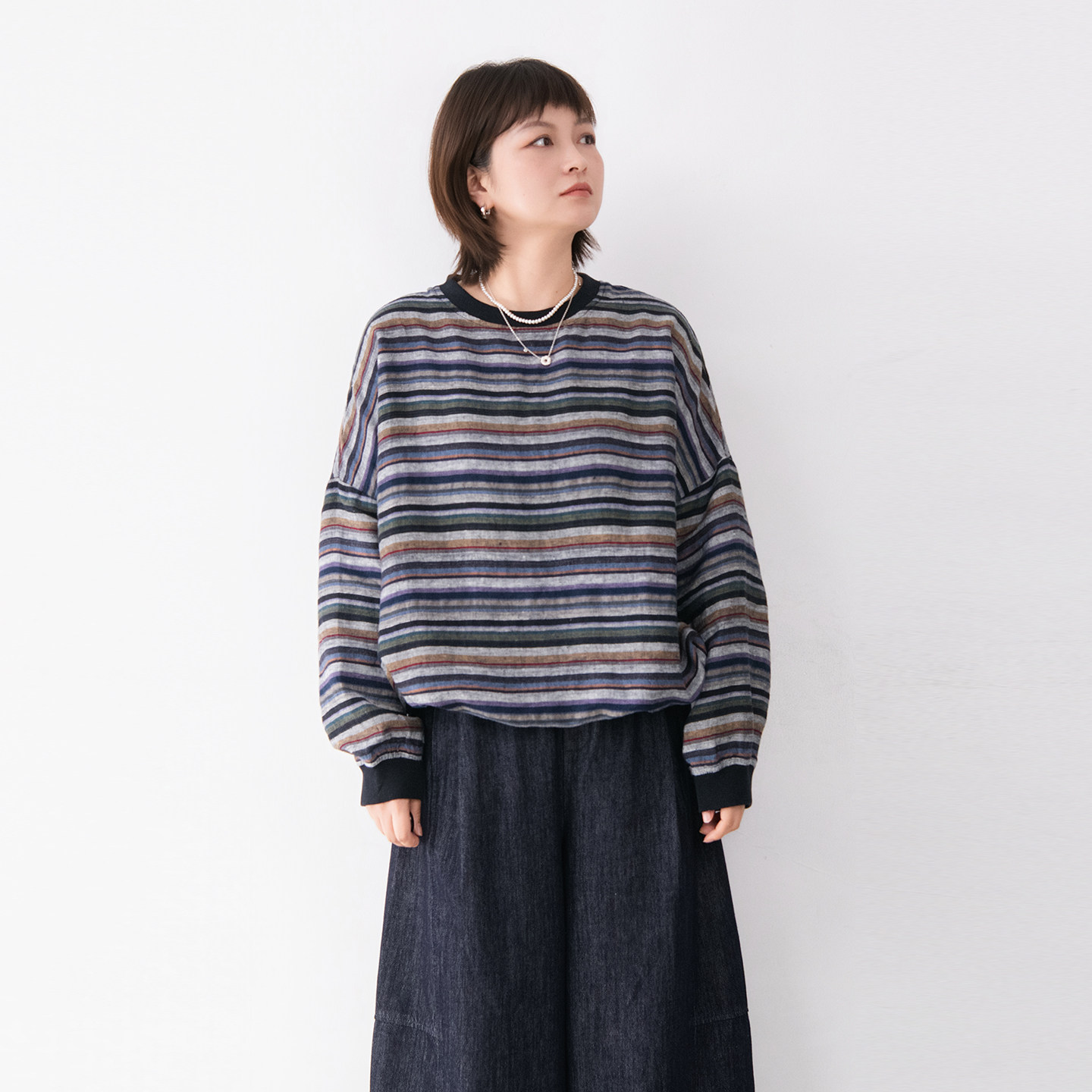 圆领套头全亚麻条纹宽松衬衫女百搭日系舒适2026春季新款休闲上衣