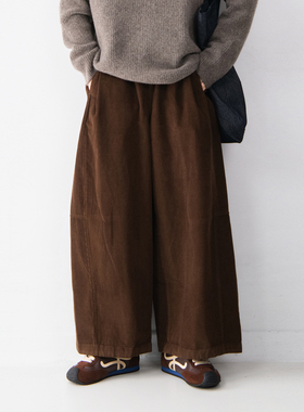 纯棉灯芯绒松紧腰拼接休闲裤女日系慵懒随意纯色百搭文艺风长裤