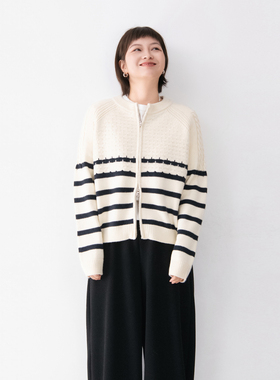 含羊毛圆领双头拉链针织开衫女宽松条纹慵懒插肩袖显瘦毛衣
