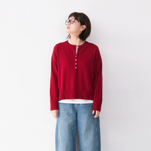 纯棉圆领套头半开襟纯色下摆开衩毛衣女百搭休闲文艺风上衣针织衫