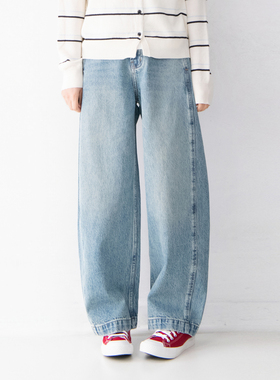 纯棉拼接直筒牛仔裤女日系百搭简约舒适宽松休闲显瘦长裤