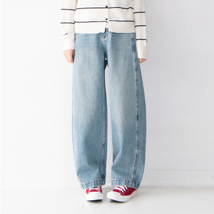 纯棉拼接直筒牛仔裤 女日系百搭简约舒适宽松休闲显瘦长裤