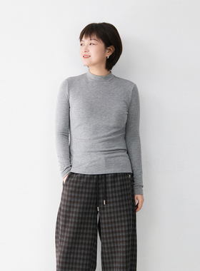 含天丝绵羊毛中领套头长袖纯色打底衫上衣女百搭弹力舒适舒适T恤