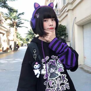 秋冬新款日系少女假两件加绒卫衣女学生可甜可盐条纹宽松连帽上衣